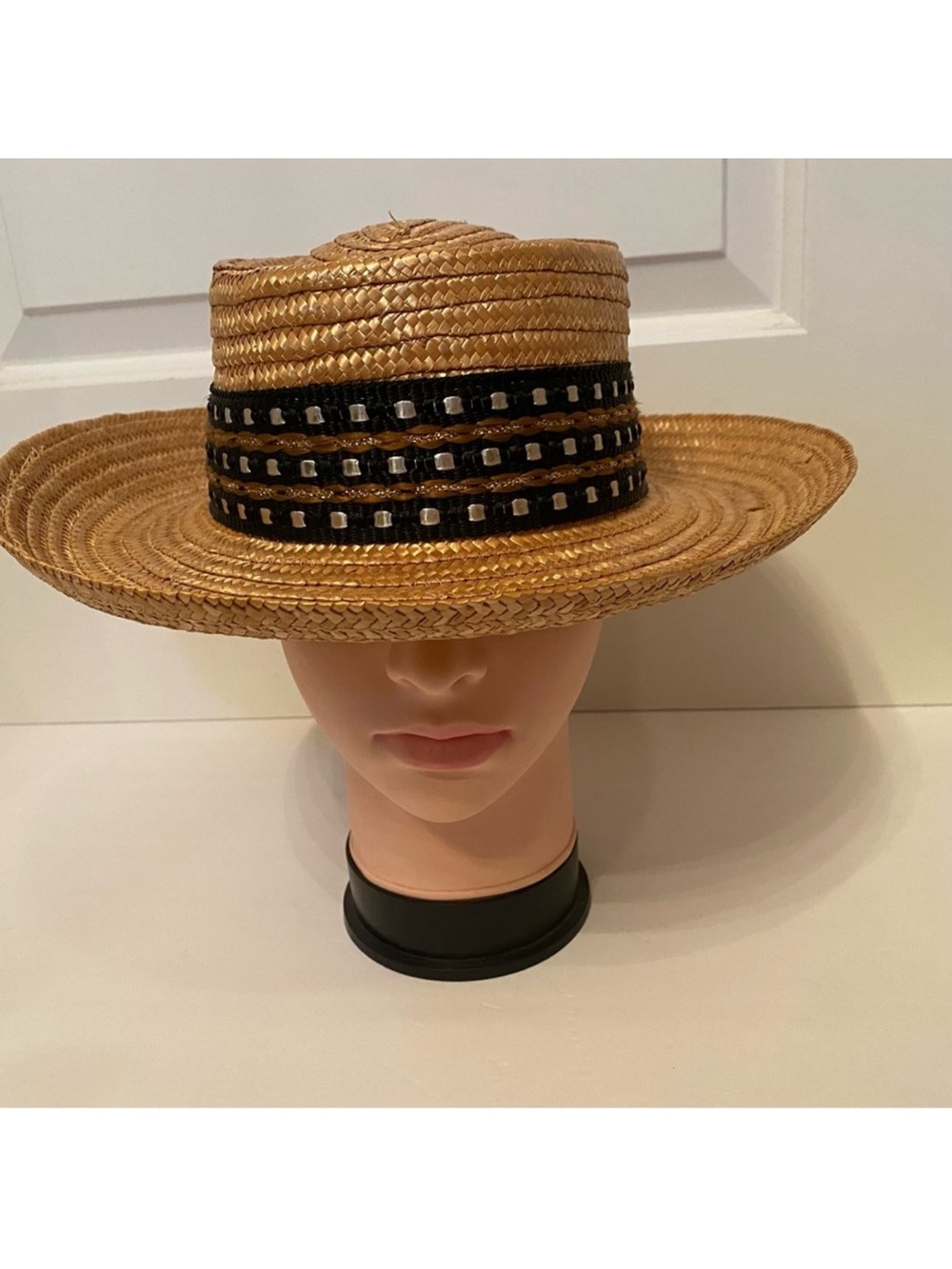 MIRIAM LEFCOURT HAT HANDCRAFTED ITALY STRAW GAMBLER BROWN WIDE BRIM BLACK RIBBON